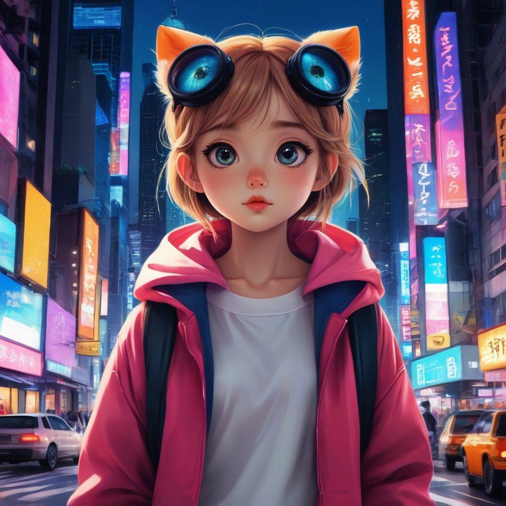 An imaginative blend of a manga-inspired character, transitioning into a more mature art style, encapsulating the evolution from cute, whimsical designs to sophisticated, adult themes. The background features a dynamic cityscape that contrasts the two styles, with vibrant colors highlighting the character's duality. Elements of ink splashes and story panels frame the scene, hinting at the narrative journey. super-realistic. vibrant colors. dynamic shading.