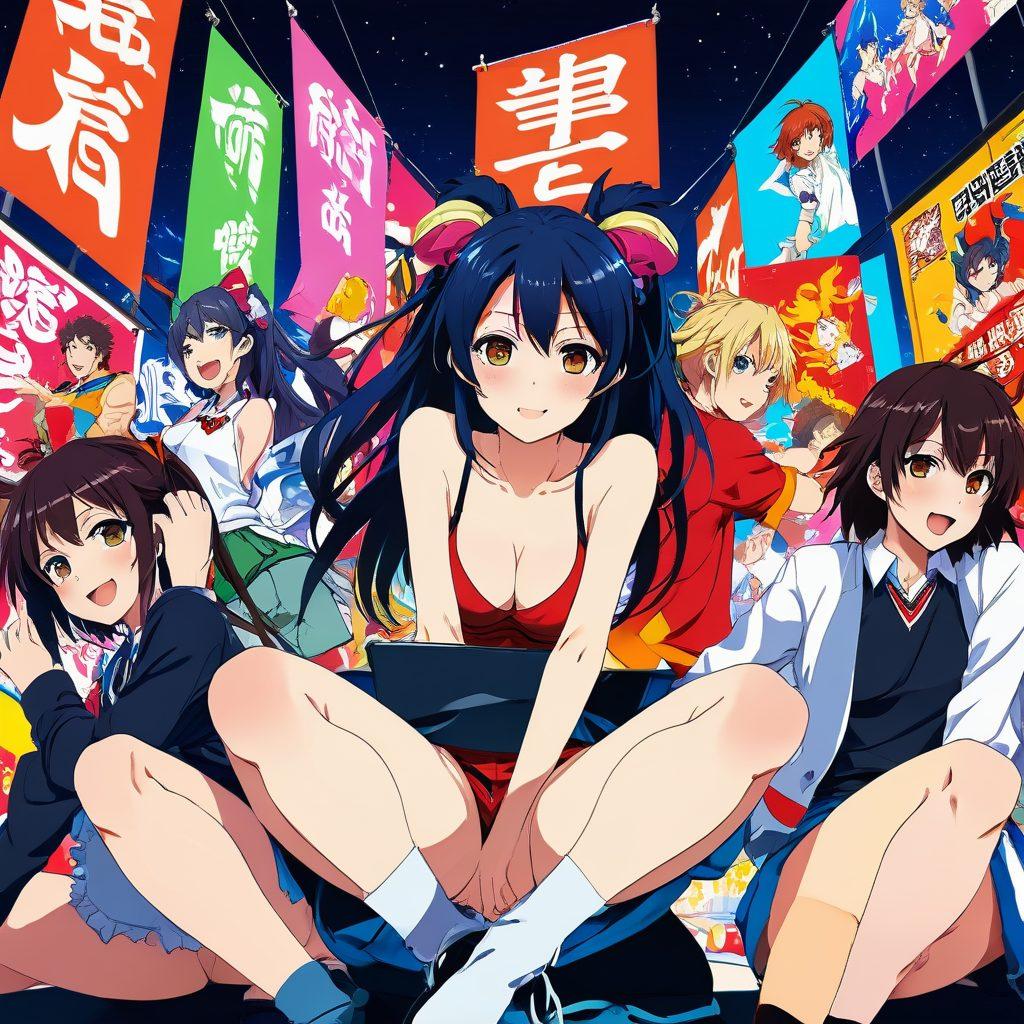 A vibrant scene showcasing a diverse group of characters engaged in various popular hentai styles, surrounded by colorful banners representing the latest trends. Include lively manga panels in the background with playful exaggerated expressions and dynamic poses. Feature elements of the community such as virtual chatrooms and art showcases. The atmosphere should be energetic and inviting, appealing to fans of the genre. digital art. vibrant colors. anime-inspired.